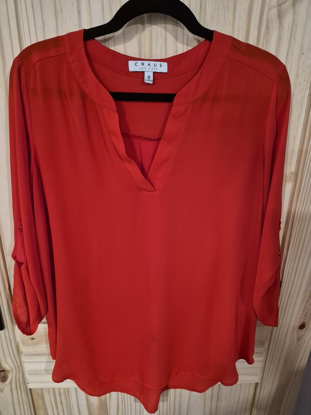 Chaus Red Split-Neck Roll-Sleeve Blouse
